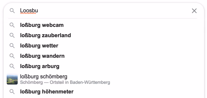 Automatische Vervollständigung des Suchbegriffs 'Loosbu' auf www.Google.de