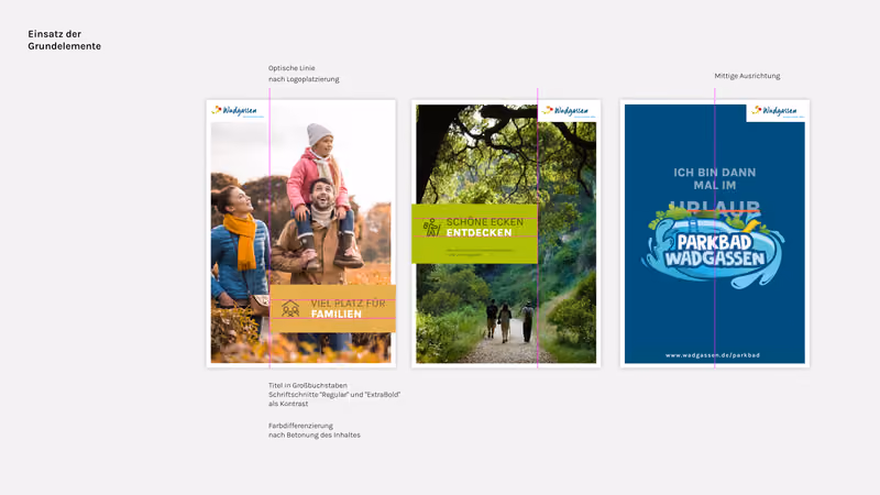 Gestaltungsraster unter dem Titel „Einsatz der Grundelemente“: drei Titelseiten mit eingezeichneten Hilfslinien für Logoplatzierung, mittige Ausrichtung und Typografie