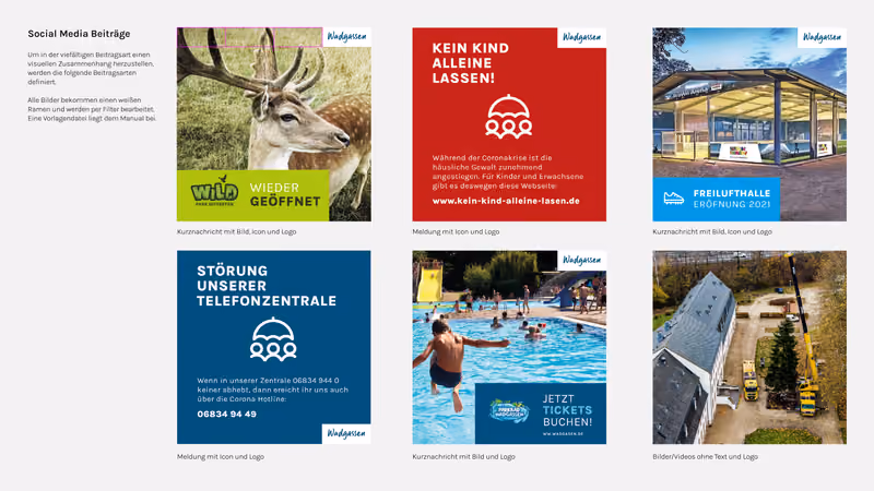 Sechs Beispiele für Social-Media-Beiträge im einheitlichen Layout, jeweils mit weißem Rahmen, farbigem Balken, Icon und Wadgassen-Logo