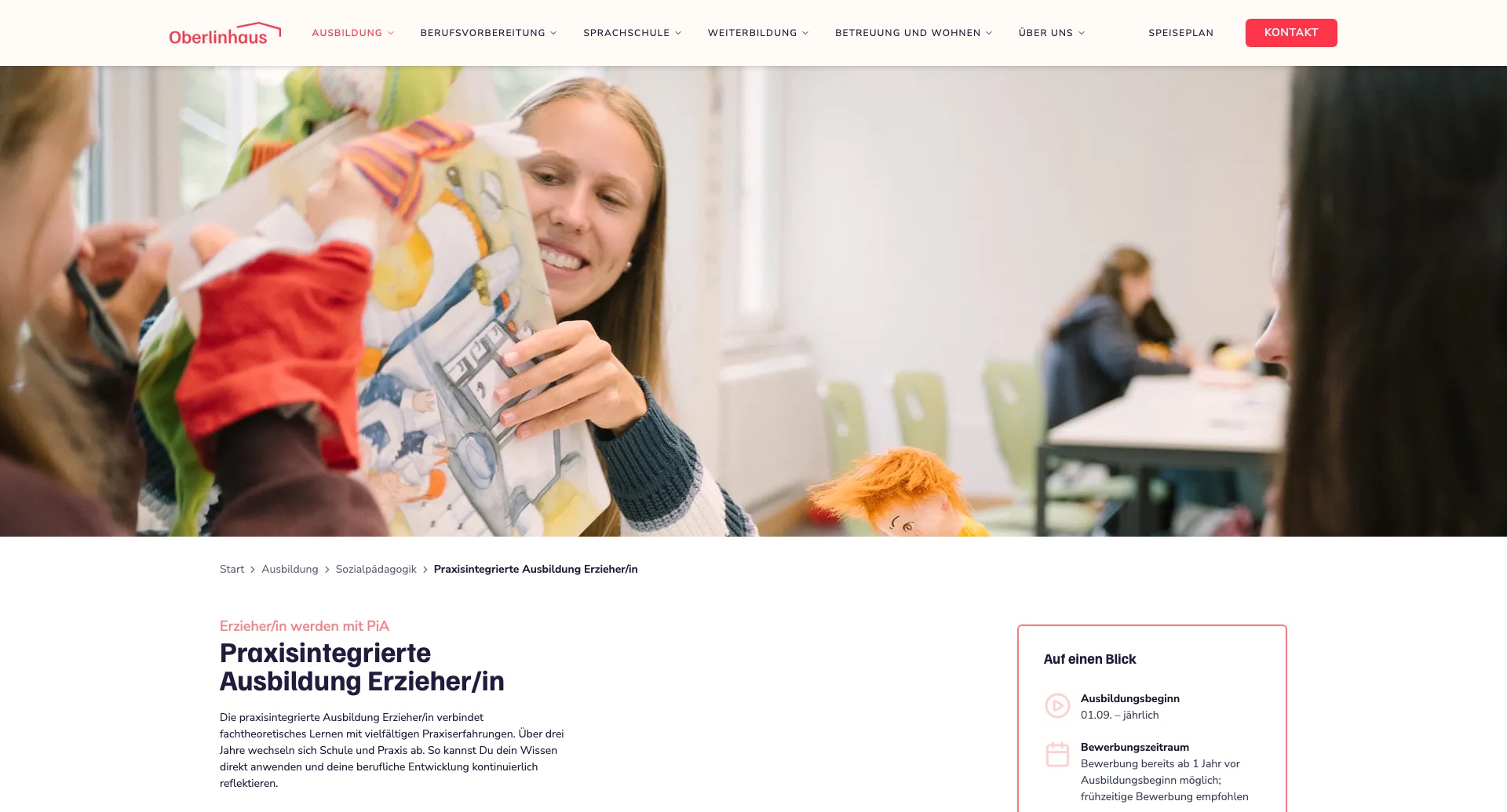 Ausbildungsseite Praxisintegrierte Ausbildung Erzieher/in mit Fakten zur Ausbildung und Kurzübersicht