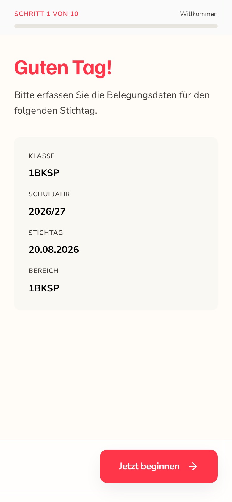 Erfassungs-Assistent: Begrüßung mit Klasse, Schuljahr und Stichtag
