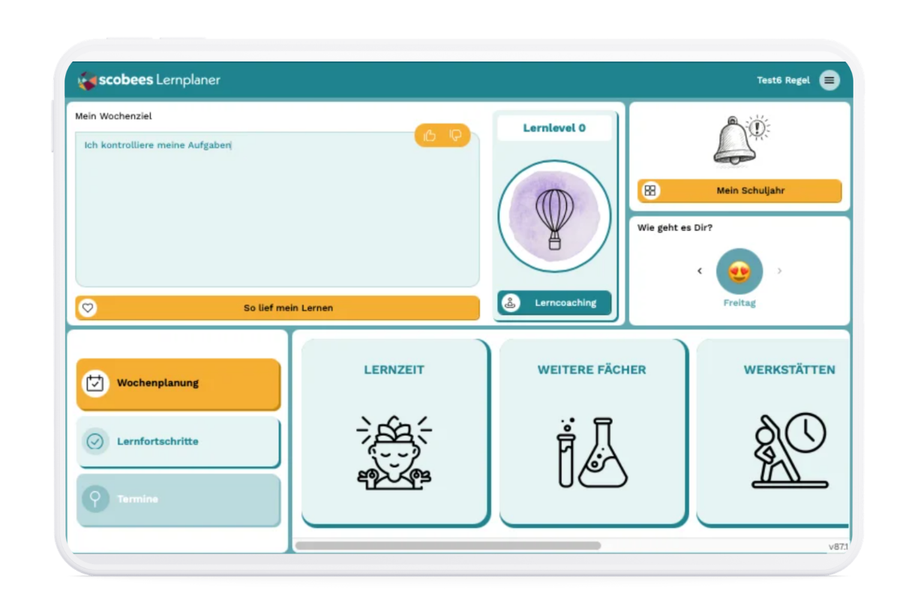 scobees Lernplaner – Startansicht mit Wochenziel, Lernlevel und Wochenplanung